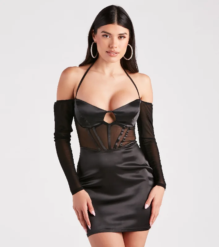 Such A Moment Satin Mesh Corset Mini Dress Elegant Lace-Up Mini Dress