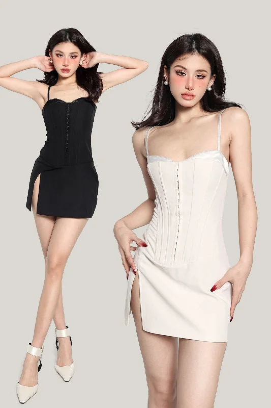 Trina Solod Color Spaghetti Strap Corset Side Split Mini Dress Fashionable Lace-Trim Mini Dress