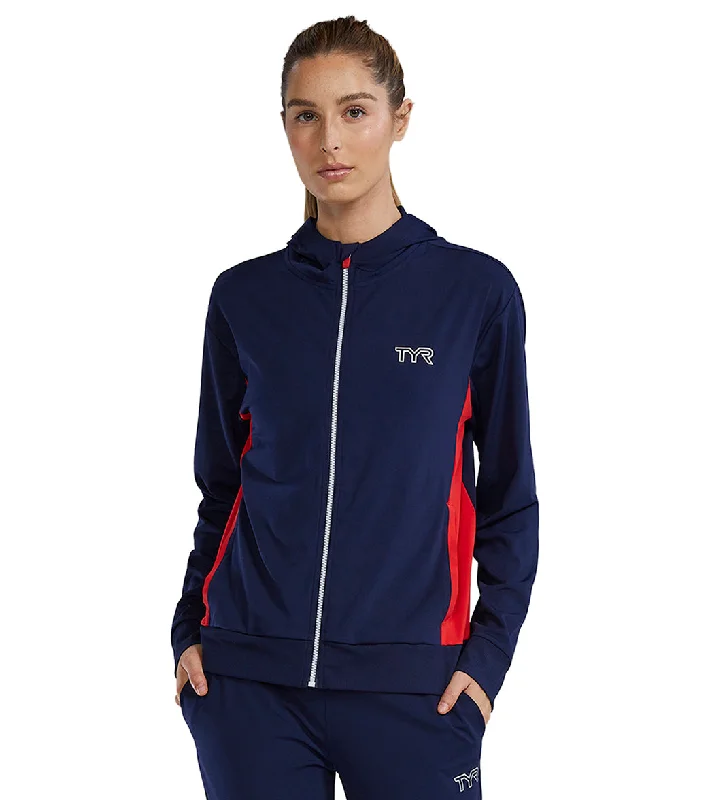 TYR Women's Tech Full Zip Hoodie Red/White/Blue Hoodie with Button Placket Classic Preppy TYR Women's Tech Full Zip Hoodie Red/White/Blue Hoodie with Button Placket Classic Preppy
