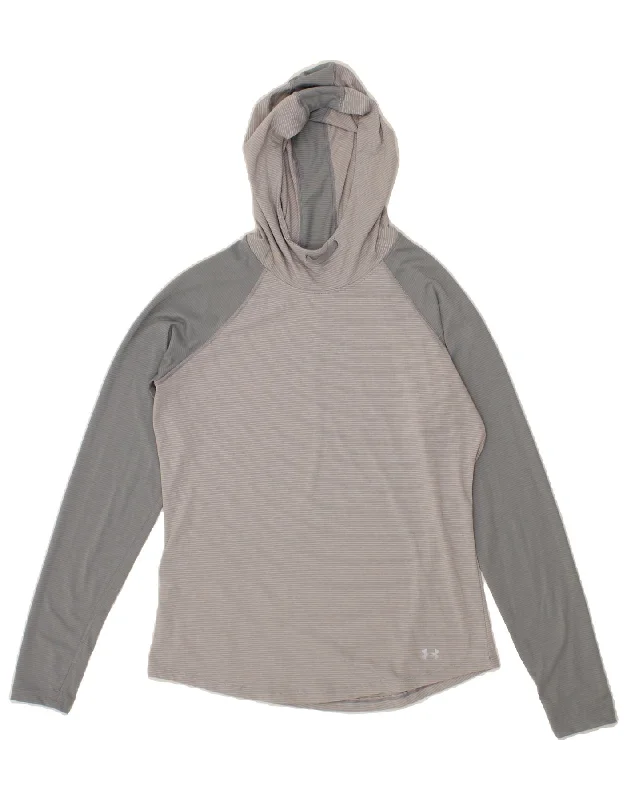 UNDER ARMOUR Womens Hooded Top Long Sleeve UK 14 Medium Grey Colourblock Hoodie with Raw Hem Edgy Unfinished