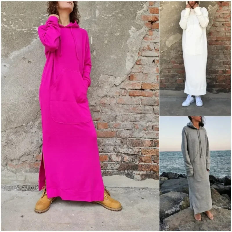 Women Ramadan /Eid Loose Casual Solid Color Knitted Hooded Long Sleeve Sweatshirt Plus Size Dress Hoodie with V-Neck Classic Versatile