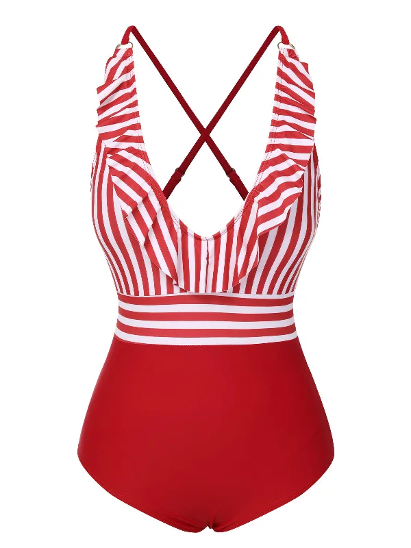 1950s Color Contrast Striped Ruffle Swimsuit Tropical Print One-Piece