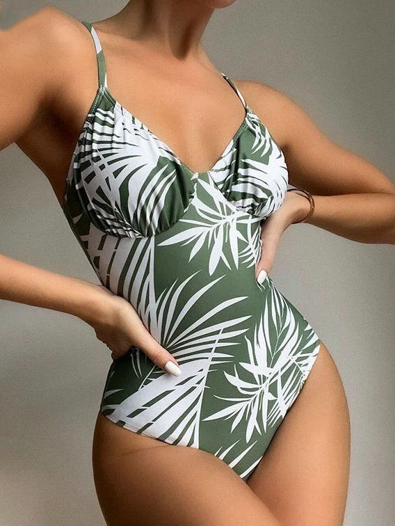 2022 New One Piece Swimsuits Palm Print Swimwear Women Ruched Bodysuit Sporty Swim Shorts