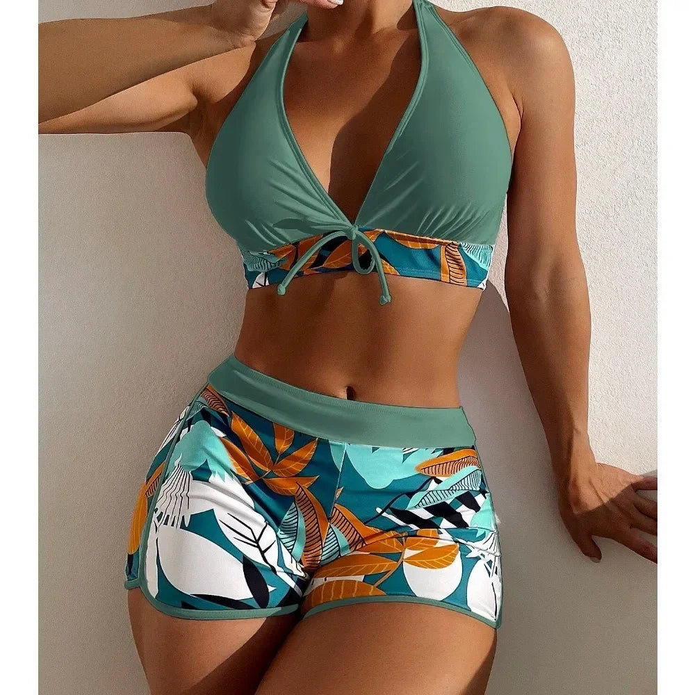 2024 Women's Split High Waist Flat Angle Lace-up Print Solid Color Patchwork Swimsuit Bold High-Cut Bikini