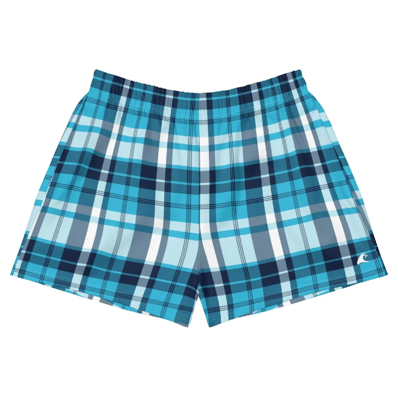 Aqua and Navy Blue Preppy Plaid Women's Athletic Swim Shorts High-Waisted Swimwear