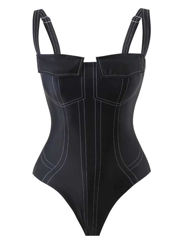 Black 1940s Gothic Straps One-Piece Swimsuit Chic Swimsuit Cover-Up