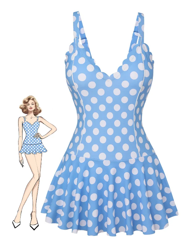 Blue 1960s Polka Dot Petal Neck Swimsuit Strappy Back Bikini