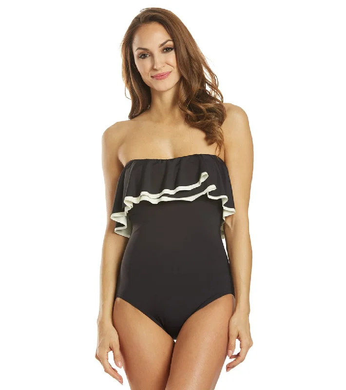 Coco Reef Contours Keepsake Agate Ruffle Bandeau One Piece Swimsuit (C/D Cup) Black Mesh Panel Swimwear