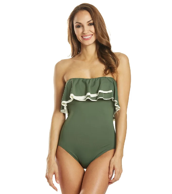 Coco Reef Contours Keepsake Agate Ruffle Bandeau One Piece Swimsuit (C/D Cup) Olive Color-Block Bikini