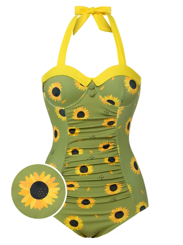 Green 1930s Sunflowers Halter Swimsuit Quick-Dry Swimsuit