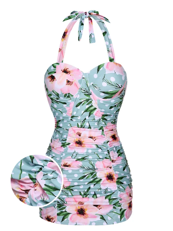 Green & Pink 1930s Floral Polka Dot Halter Swimsuit Bold Color Swimsuit