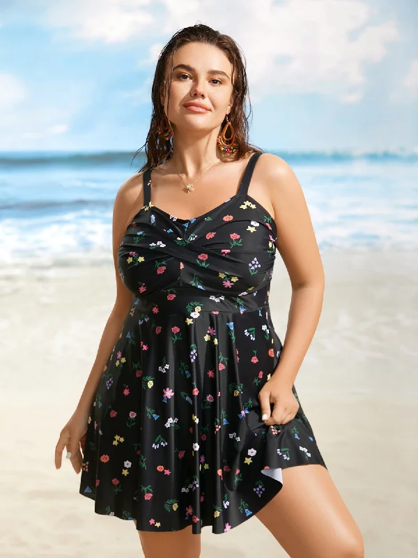 Heart Neckline Floral Twist Front Swim Dress Bold High-Cut Bikini