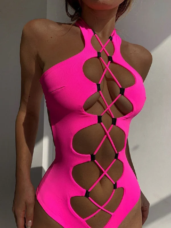 Hollow Out Lace up Swimwear Women 2022 High Neck Solid Cut Out Backless Monokini Shiny One-Piece Swimsuit