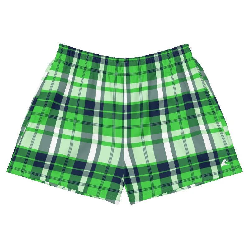 Lime and Navy Blue Preppy Plaid Women's Athletic Swim Shorts Mesh Panel Swimwear
