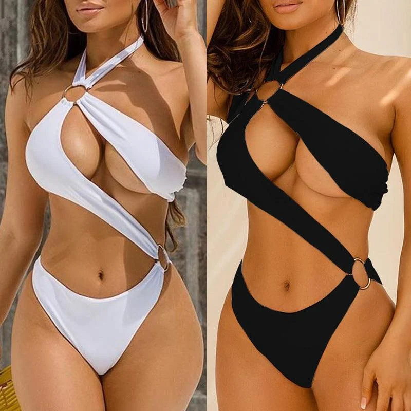 New Sexy One-piece Three-color Hollow Metal Ring Strap Bikini Swimsuit Sporty Racerback Swimsuit