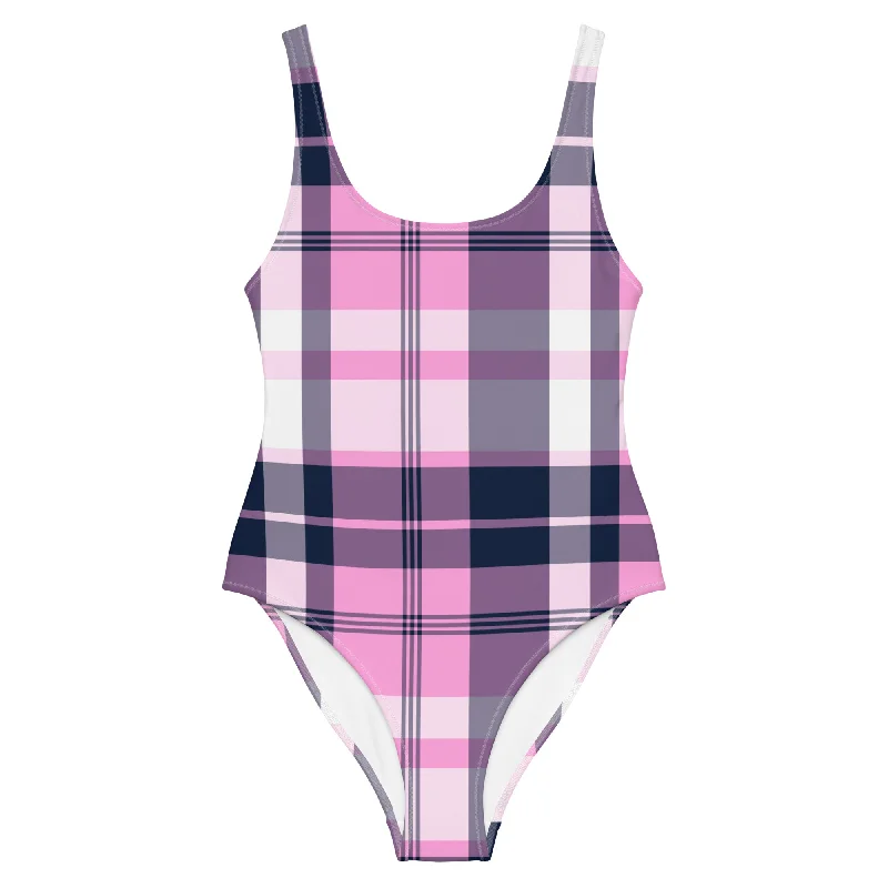 Pink and Navy Blue Preppy Plaid One Piece Women's Swimsuit Floral Bikini Top