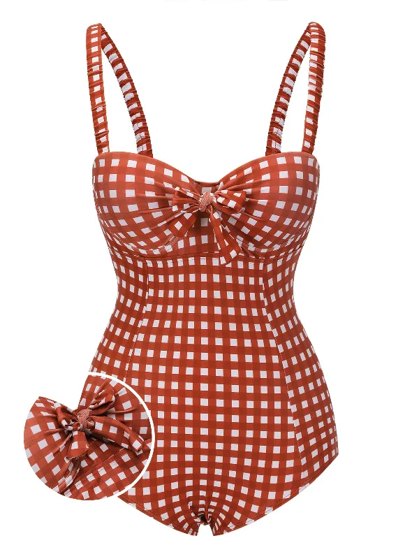 Red 1940s Plaid Strap One-piece Swimsuit Flirty Ruffle Swimsuit