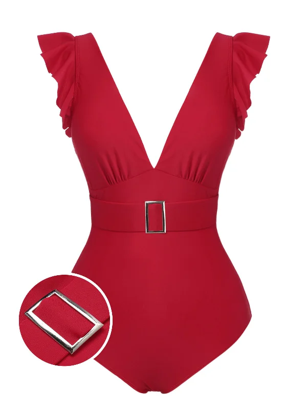 Red 1950s Solid Deep V-Neck Belt Swimsuit Shiny One-Piece Swimsuit