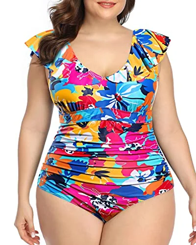 Ruffled Plus Size One Piece Swimsuits for Women Flounce Vintage Swimwear Strap Bikini Set