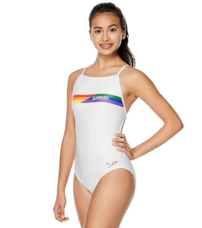 Speedo Pride Women's Graphic One Back One Piece Swimsuit Bright White Timeless Black Bikini