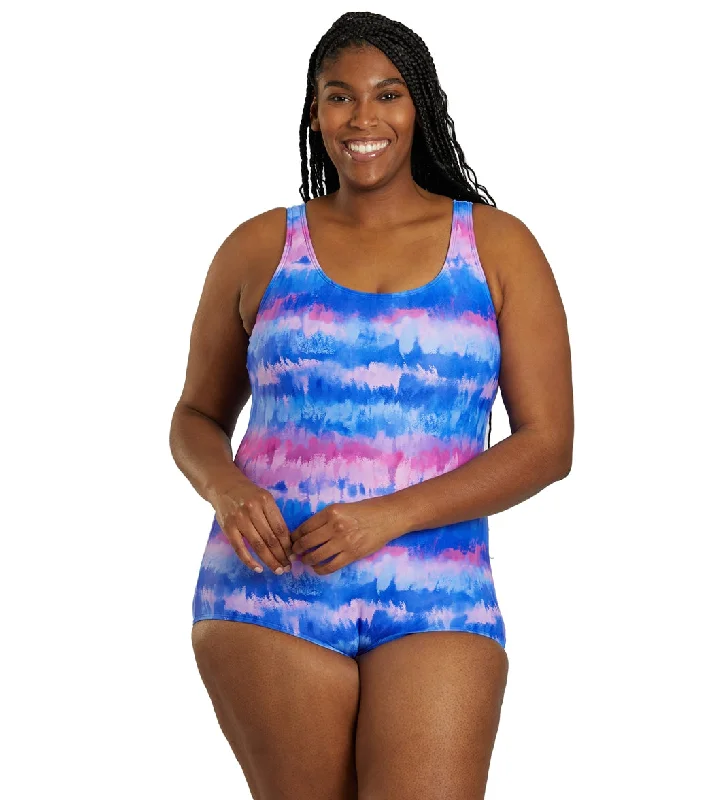 Sporti Plus Size HydroLast Malibu Sunrise Chlorine Resistant Conservative Scoop Back One Piece Swimsuit Malibu Sunrise V-Neck Swim Dress