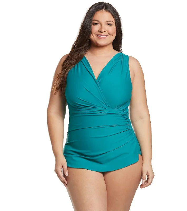 Sporti Plus Size Isabella Tummy Control Wrap One Piece Swimsuit Dark Emerald Retro Swimwear Style