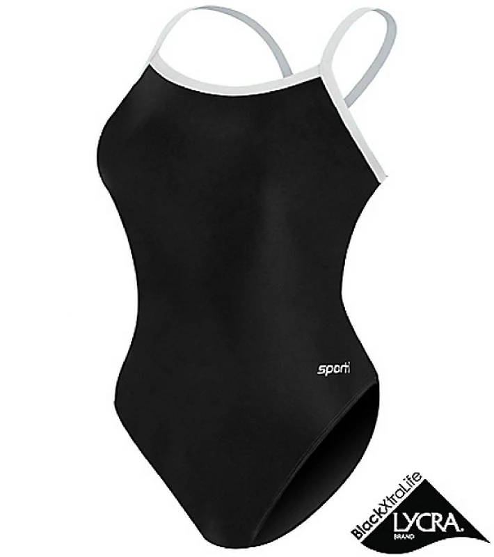 Sporti Solid Piped Thin Strap One Piece Swimsuit (22-44) Black/White Trendy Swimwear Set