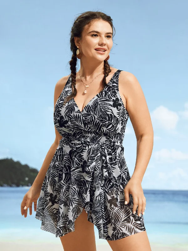 Tropical Print Tie Knot Wrap Gathered Swim Dress Modern High-Waisted Swimsuit