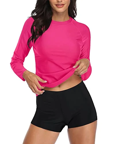 Long Sleeve Women's Rash Guard Boyshort Swimsuit Set-Neon Pink And Black Comfortable Swim Shorts