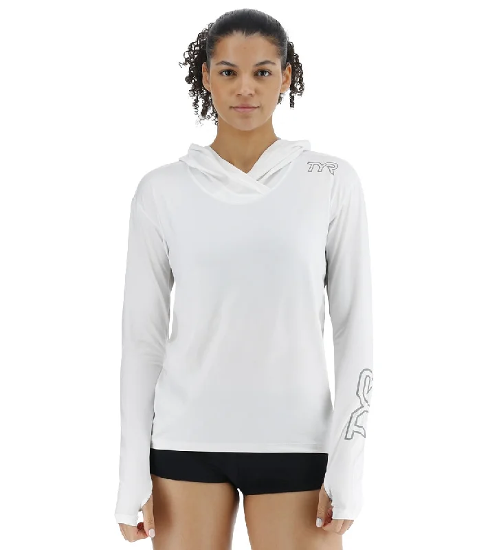 TYR Women's SunDefense Long Sleeve Hooded UPF 50+ Swim Shirt White Retro-Inspired Bikini Set