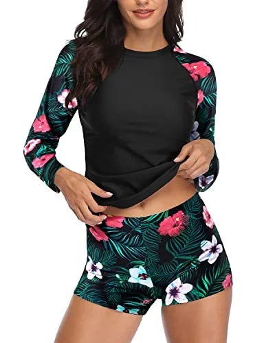 Uv Upf 50+ Two Piece Rash Guard Long Sleeve Swimsuit For Women-Black Floral Adjustable Strap Swimsuit