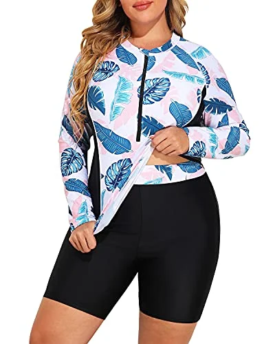 Plus Size Long Sleeve Zip-Front Rash Guard Swimwear For Ladies-White Leaf Comfortable Swim Shorts