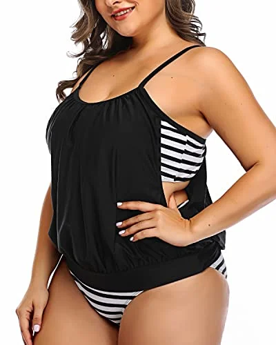 Women's Hide Problem Areas Plus Size Tankini Swimsuits-Black Stripe Beach Ready Swimsuit Women's Hide Problem Areas Plus Size Tankini Swimsuits-Black Stripe Beach Ready Swimsuit
