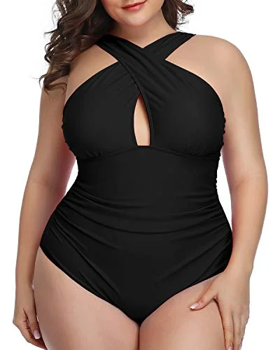 Sexy Tummy Control Front Cross Swimsuits For Women-Black Mesh Detail Bikini