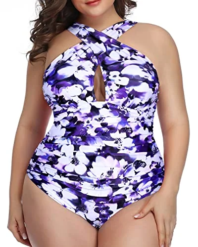 Retro Chic Front Cross Tummy Control One Piece Swimsuits-Purple Floral Bold Swimsuit Design