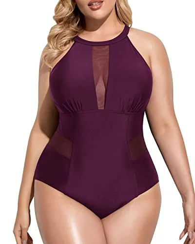 Stylish Open-Back Plus Size One Piece Swimsuit For Curvy Women-Maroon Cross-Back Bikini