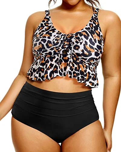 Stylish Two Piece Plus Size Swimsuit Flounce Top-Black And Leopard Button-Front Swimsuit Stylish Two Piece Plus Size Swimsuit Flounce Top-Black And Leopard Button-Front Swimsuit