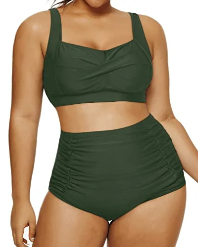 Cute Vintage Style Two Piece Swimsuit Twisted Front Bikini-Army Green Bold Swimsuit Design