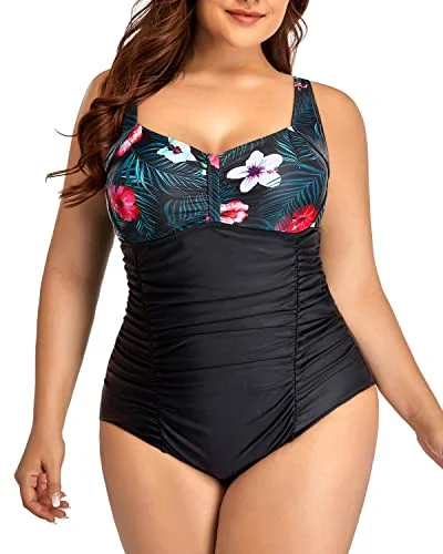 Women's Plus Size One Piece Swimsuits Tummy Control Vintage Ruched Bathing Suits Timeless Black Bikini