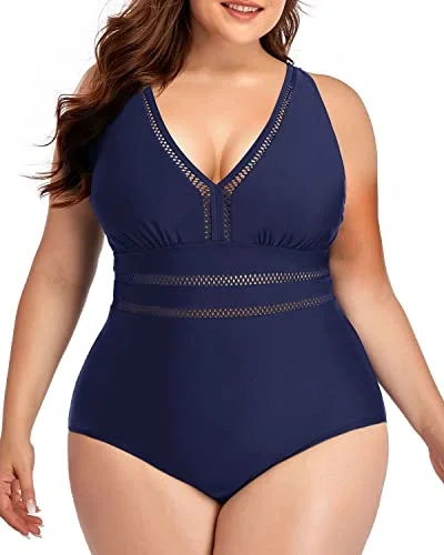 Elegant Full Coverage Plus Size One Piece Backless Swimwear-Navy Blue Color-Block Bikini