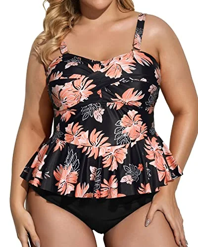 Peplum Twist Front Two Piece Tankini Set-Black Orange Floral Elegant Ruffle Swimsuit