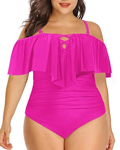 Adjustable Strap Ruffled Plus Size One Piece Swimsuits-Neon Pink Deep-V Swimsuit Design