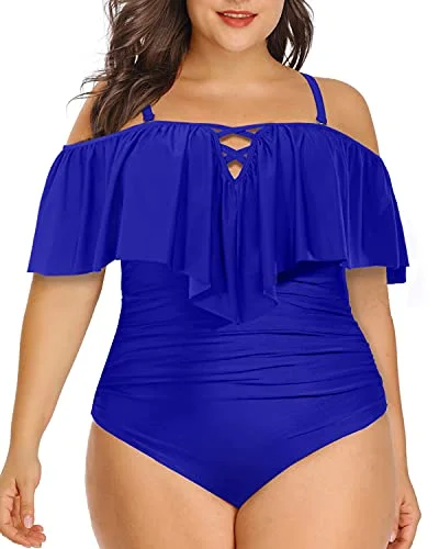 Adjustable Strap Plus Size Ruffled Swimsuit-Royal Blue Flirty Ruffle Swimsuit