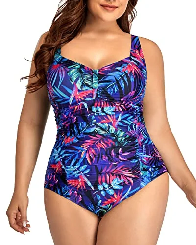 Clasp Hook Closure Retro One Piece Swimsuits For Curvy Women-Blue Leaves Elegant Swim Dress