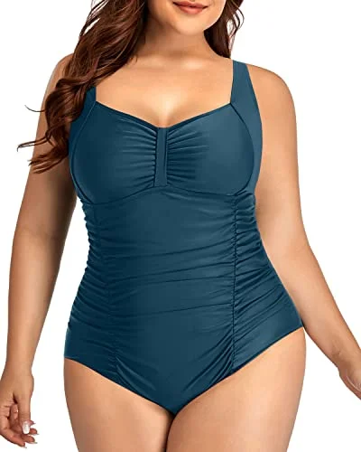 Ruched Front Retro Swimwear For Curvy Women-Teal Casual Swim Dress