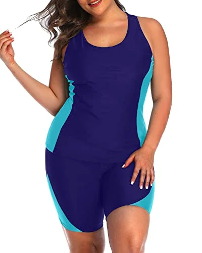 Women's Tummy Control Tankini Boyshorts For Plus Size-Navy Blue Minimalist One-Piece