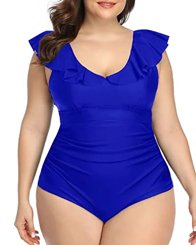 Cute Falbala V-Neck One Piece Swimsuits For Women-Royal Blue Flirty Ruffle Swimsuit