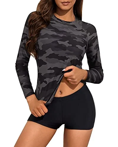 Women's Long Sleeve Two Piece Rash Guard And Boyshort Swimsuit Set-Black Camouflage Chic Bikini Set