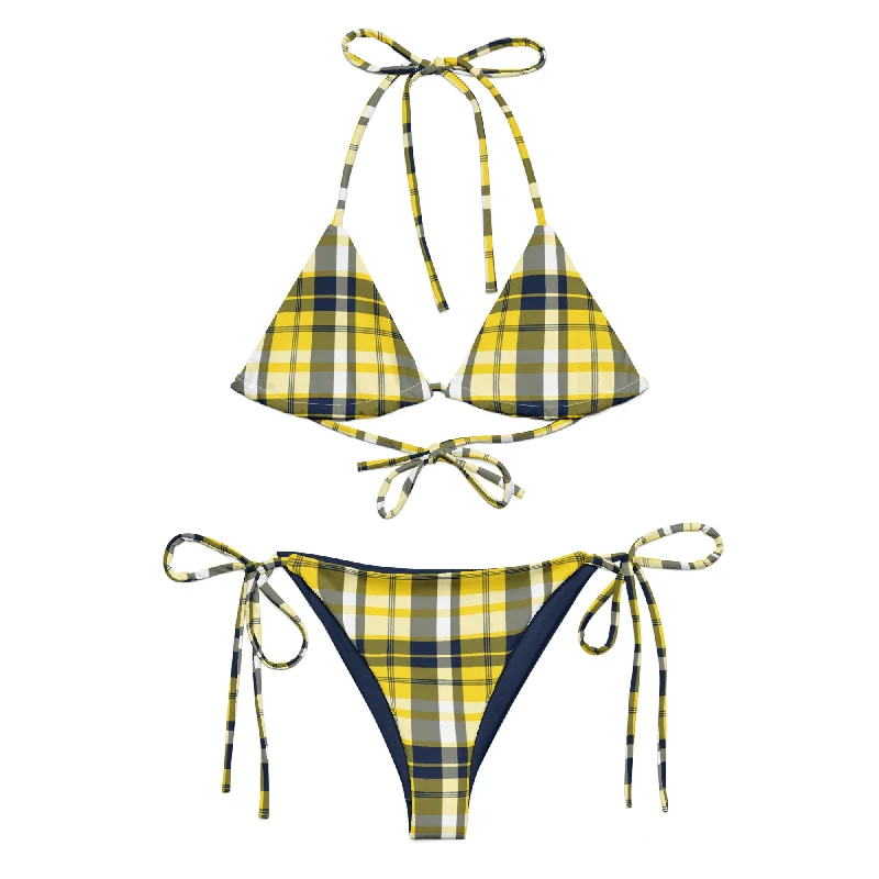 Yellow and Navy Blue Preppy Surfer Girl Plaid String Bikini Swimsuit High-Cut One-Piece