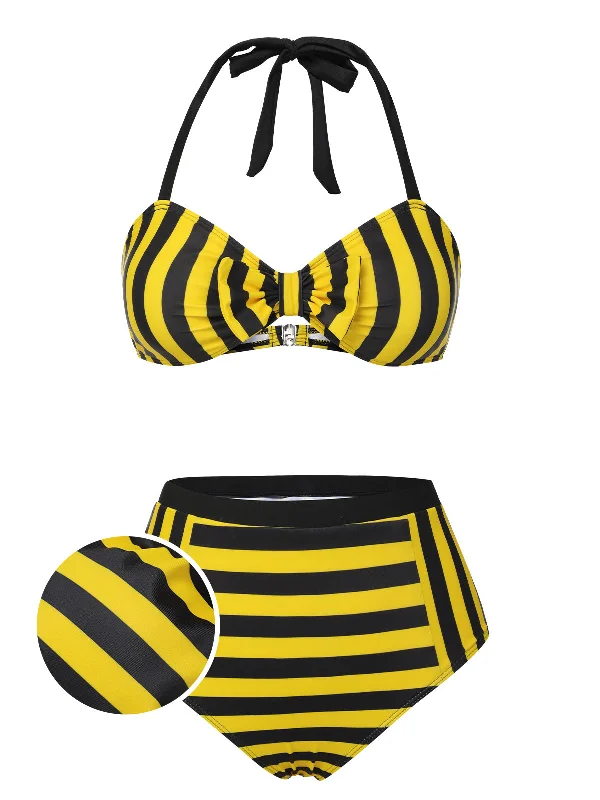 Yellow & Black 1970s Striped Bow Halter Swimsuit Retro-Inspired Bikini Set